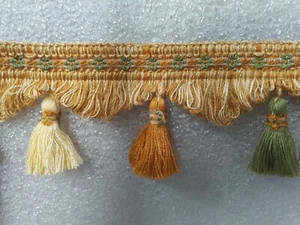 6 yardas FRANJA BORLA 3 1/2"- BEIGE/VERDE/DORADO - Borde de tela para cortinas de tapicería - Imagen 1 de 1
