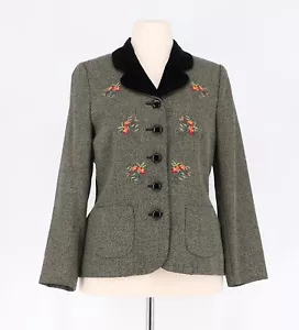 KENZO VINTAGE 80's Floral Embroidered Wool Blend Blazer Coat Black Gray Size 14 - Picture 1 of 6