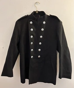 VTG British National Fire Service SZ S/7 Black Wool Peacoat Silver Buttons #2026 - Picture 1 of 15