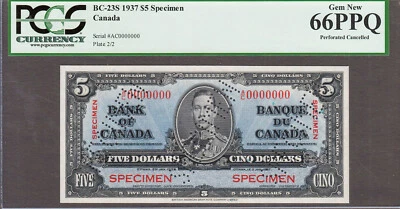 Canada $5 SPECIMEN 1937 KGVI BC-23S Pick-60S GEM UNC PCGS 66 PPQ - Image 1 of 2