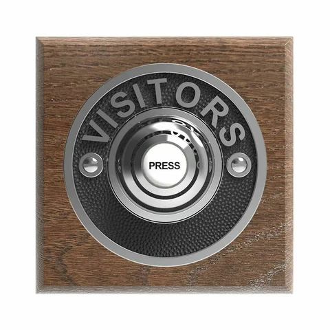 Traditional Square Wired Doorbell VISITORS in Tudor Oak and Chrome Cover