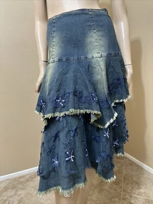 Mujer Azul Denim Algodón Informal Boho Cuentas Encaje Cremallera Talla M (6-8) Falda 3238 Foto 1 de 4
