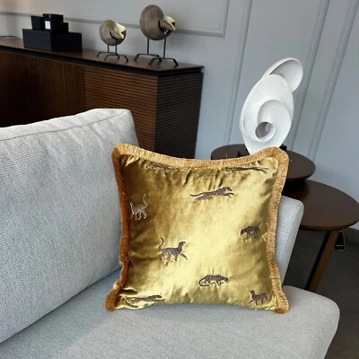 Funda de almohada con patrón de leopardo - Funda de cojín de terciopelo dorado - Borlas de cobre Foto 1 de 4