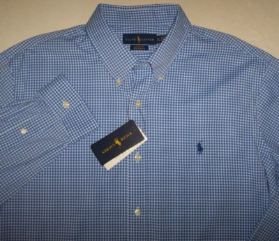 NUEVO CON ETIQUETAS Polo Ralph Lauren PERFORMANCE AZUL/BLANCO Camisa a Cuadros Sedosa Hombres XL AZUL MARINO Poni Foto 1 de 3
