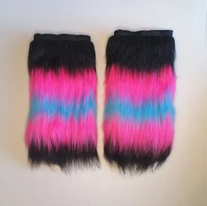 Black Pink & Blue Striped Leg Warmers Fluffy Faux Fur Furry Boot Cover Winter - Picture 1 of 4