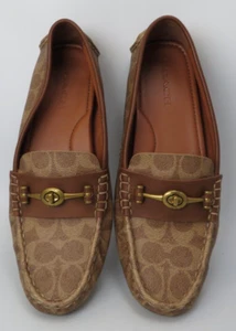 Coach Crosby Turnlock Brown Tan Logo Womens SZ 9.5 Leather Slip on Moccasins - Picture 1 of 14