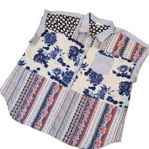 CJ Banks Summer Top Plus Size 3X Blue Floral Patchwork Short Sleeve Shirt - Picture 1 of 8