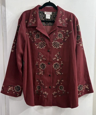 Camisa De Colección Años 90 Victor Costa Bordada Abotonada 2X Borgoña Western Foto 1 de 4