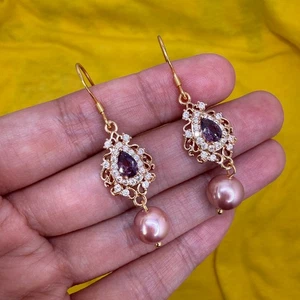 Natural Freshwater Pearl Earrings Bridal 14K Gold Plated Purple Zircon Jewelry - Picture 1 of 9