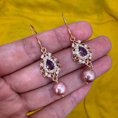 Natural Freshwater Pearl Earrings Bridal 14K Gold Plated Purple Zircon Jewelry - Image 1 of 4