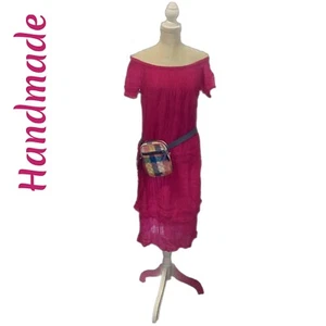 Vestido recto hecho a mano de colección cuello elástico rosa oscuro con forro fuera del hombro - Imagen 1 de 12