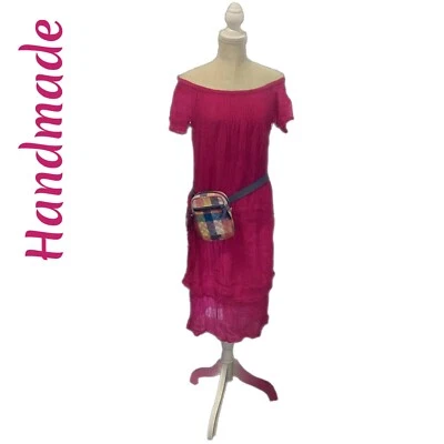 Vestido recto hecho a mano de colección cuello elástico rosa oscuro con forro fuera del hombro Foto 1 de 4