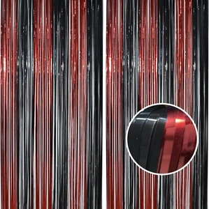 Tinsel Photo Backdrop Curtains 2 Pack 3.2x8.2ft Black Red Foil Halloween Party - Picture 1 of 9