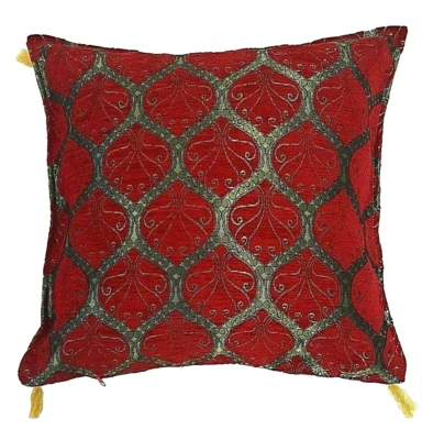 Turkish Peacock Tapestry Chenille Tassel Evil Eye Cushion Cover Deep Red Gold - Image 1 of 2