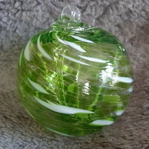 Hanging Glass Ball 4" Diameter Peridot Green & White Witch Ball (1) #114 - Picture 1 of 2