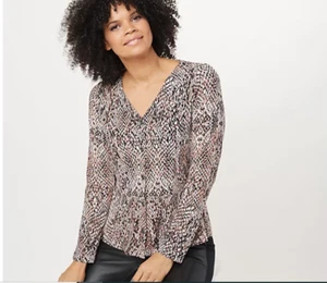 Susan Graver Taupe XL Printed Liquid Knit Button Front Peplum Top A454565 - Picture 1 of 3