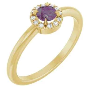 Anillo de halo de diamantes de alejandrita cultivado en laboratorio de 4 mm y 0,05 CTW en oro amarillo de 14 K - Imagen 1 de 5