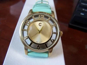 Century Prime Time Ladies see through Watch Gold tone Mint Green Leather Band - Picture 1 of 5