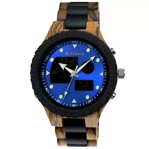 Reloj digital y analógico de madera de diseño INGOLSTADT con fecha, azul, negro - Imagen 1 de 7