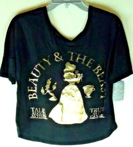 Beauty & The Beast Tops T Shirt Disney Belle Top Printed Foil Princess Black XS - Picture 1 of 6