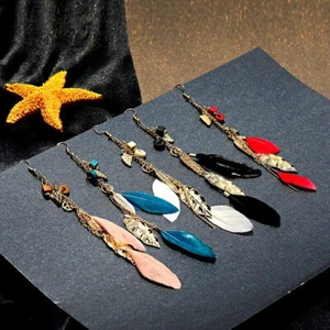 Retro Bohemian Multi-color Feather Leaf Beads Chain Tassel Dangle Drop Earrings - Bild 1 von 36