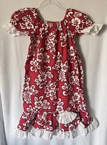 Hawaii MuuMuu Kleid Mädchen 10 rot weiß Hibiskus Blumen Rüschen Schleife Akzent - Bild 1 von 5
