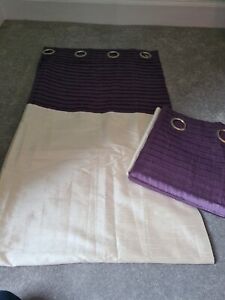Modern used eyelet curtains 43x55 in cream  faux silk with purple top panel