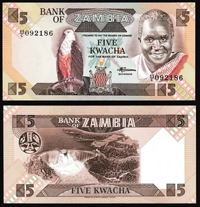 Zambia 5 kwacha 1980-1988 Fish Eagle Bird President Kaunda P25d Prefix 45/C UNC - Picture 1 of 7