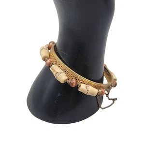 Miriam Haskell Hinged Clamper Bracelet Resin Bamboo Wood Beads Chain 6.5" Rare - Picture 1 of 14