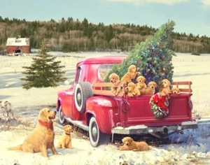 David Textile - Foust Exclusive Christmas Truck W/Dogs Quilt Fabric Panel - Picture 1 of 2