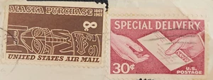 Scott # C70 & E21, 1967 Alaska Purchase 8cent, 1957 Special Delivery 30cent used - Bild 1 von 4