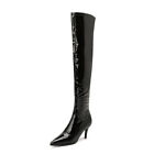 Womens Faux Leather Pointed Toe Back Zip Stiletto Heels Thin Over The Knee Boots