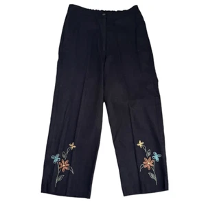 Erin London Petite M Linen Rayon Floral Embroidered Straight Leg Black Pants - Picture 1 of 9