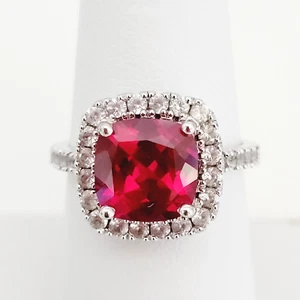 Vintage LJ 925 Sterling Silver Ruby White Topaz Ring Halo Faceted Cushion 6.75 - Picture 1 of 16