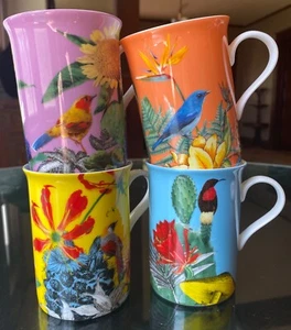 Gracie Bone China Stechcol 4 Coffee Drink Mugs/Cups Bright Tropical Birds - Picture 1 of 12