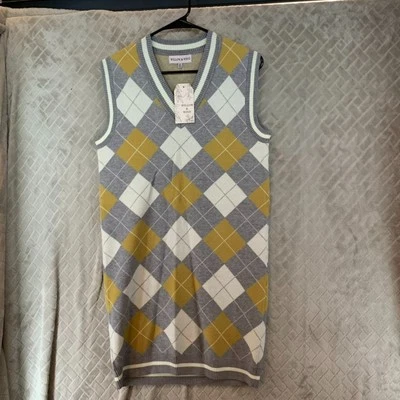 Willow & Wind Womens M Sweater Vest Tunic Top Argyle Yellow Gray Preppy V Neck - Image 1 of 4