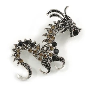 90mm Long/ Grey/ Black Crystal Chinese Dragon Large Brooch in Aged Silver Tone - Picture 1 of 6
