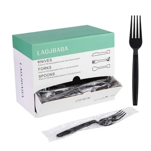Plastic Fork Disposable Individually Wrapped/Packaged Black 7-Inch Commercial... - Picture 1 of 7