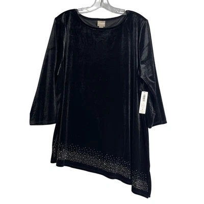 New Chico's Velvet Asymmetrical Tunic Womens XL 3 Black Embellished Holiday - Image 1 of 4