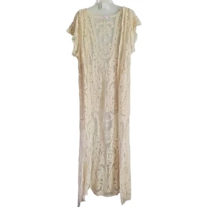 Henrigirl Kimono lang Damen M elfenbein transparent Spitze bestickt Boho Staubtuch Fee - Bild 1 von 8