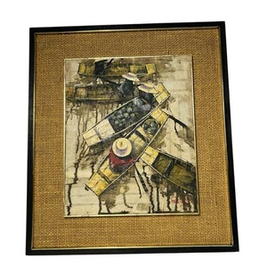 Pintura al óleo mercado flotante firmada Prayat enmarcada arpillera vintage Tailandia 16X18" - Imagen 1 de 8