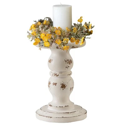 Distressed White Wood Candle Holder Pillar, 5 Inch Wide Candle Pedestal, Rust... - Image 1 of 4