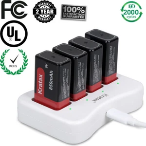 Kratax 9V Battery 850mAh 9V Rechargeable Lithium Batteries & 9V Battery Charger - Picture 1 of 15