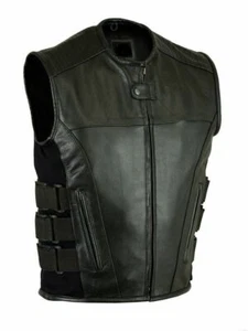 Swat Style Leather Vest New Update Mens Motorcycle Biker Tactical Black Stretch - Picture 1 of 3