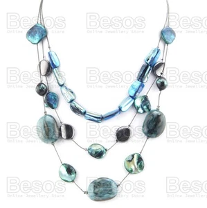 UK GIFT THREE LAYERS shell bead NECKLACE boho AQUA green blue turquoise summer - Picture 1 of 6