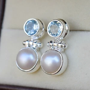 Pearl & Blue topaz Earring 925 Sterling Silver Drop Earring, Gift Earring-HE013 - Picture 1 of 5
