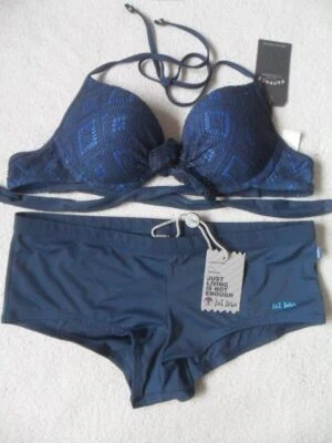 FAT FACE NAVY TEXTURED CROCHET WIRED PADDED HALTERNECK BOYSHORTS BIKINI SIZE 12 - Image 1 of 4