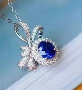2Ct Oval Cut Lab-Created Blue Sapphire Halo Pendant 14K White Gold Plated - Picture 1 of 7