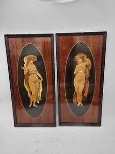2x Madera Marquetería Imagen Erótica Desnudo Femenino Alegorías, vintage - Imagen 1 de 13