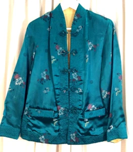 VTG LONGEVITY Women's L? (M) Silk Brocade Reversible Teal/Gold Bed JacketCoat EX - Picture 1 of 12